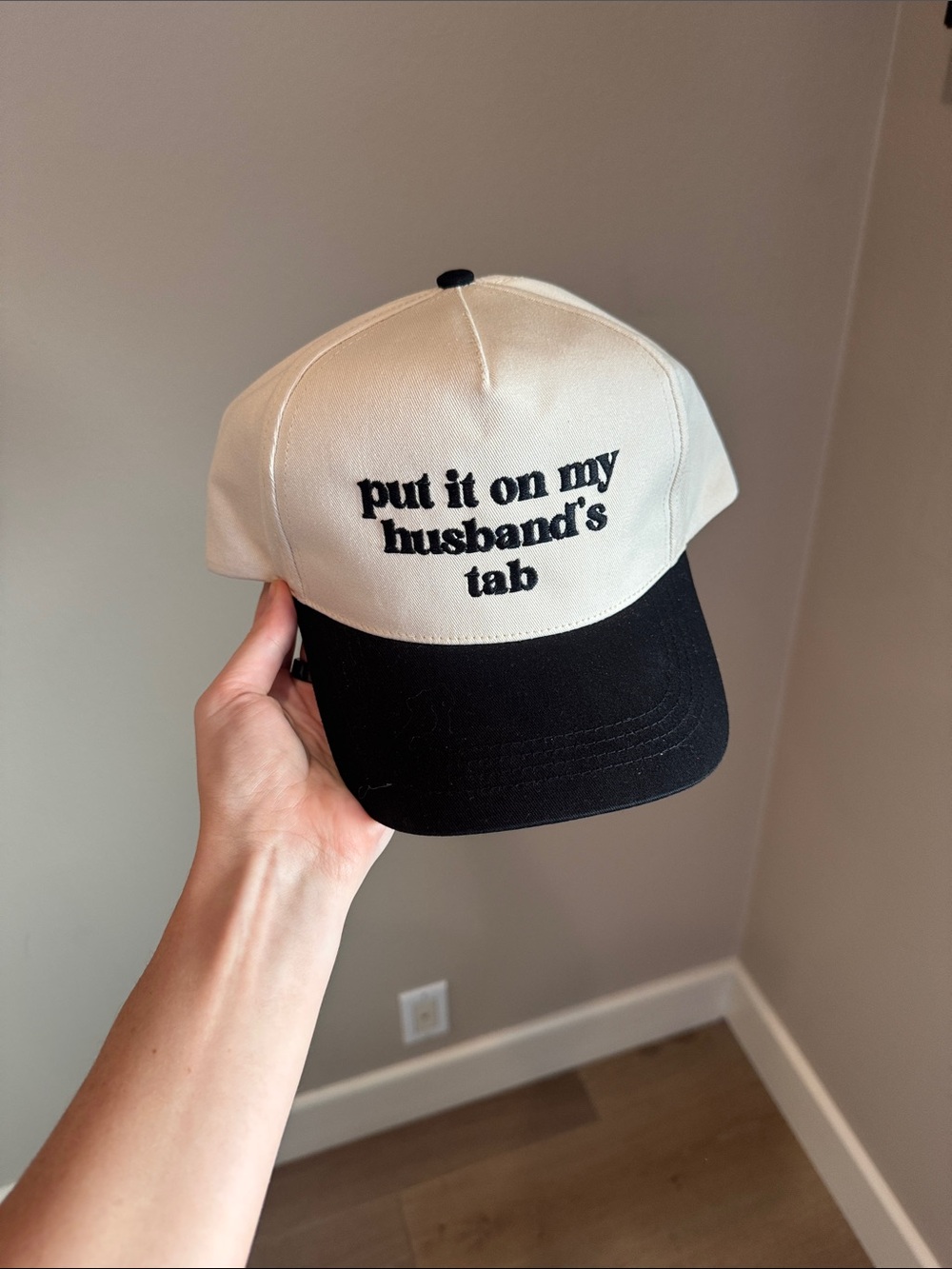 Put It On My Husband's Tab Two-Tone Baseball Cap - Cream & Black